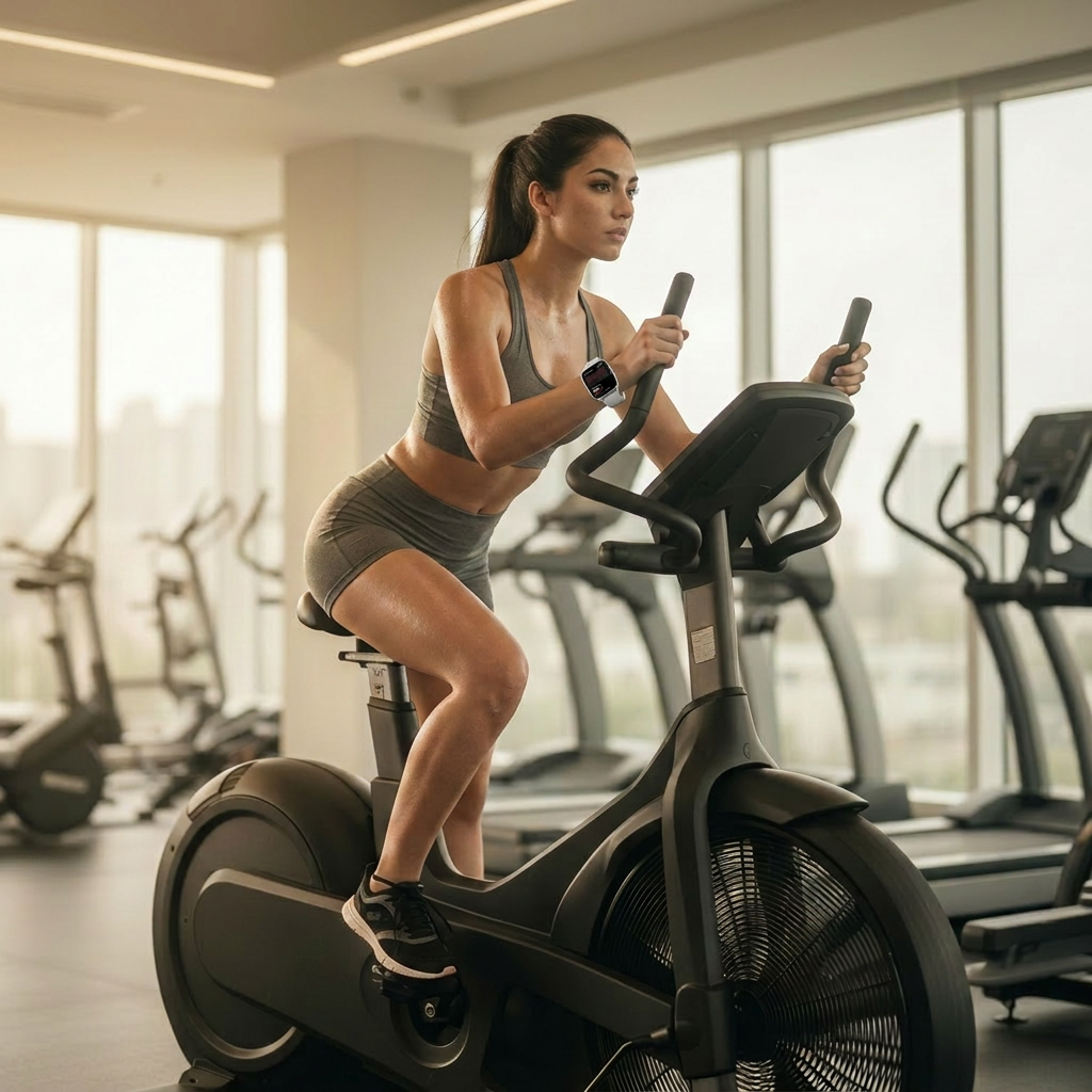 Young woman training on an elliptical bike in a modern gym